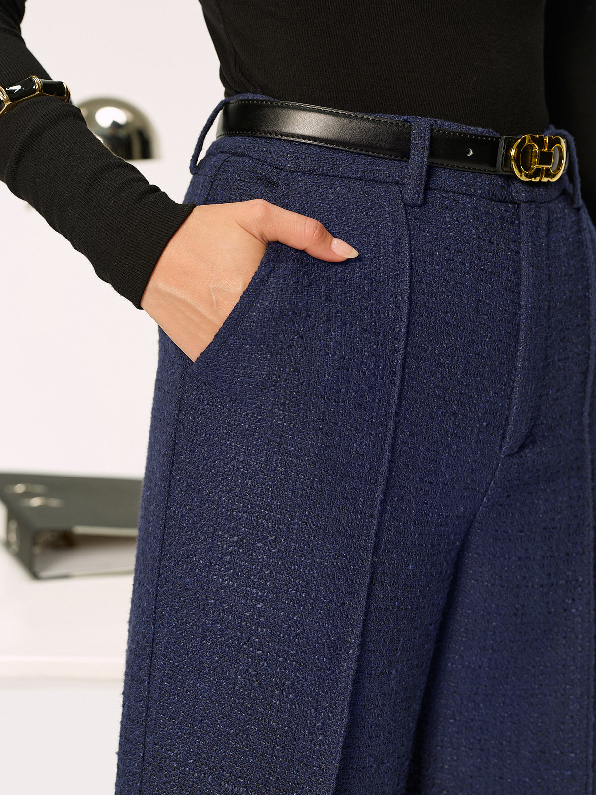 KoyuKahverengi Dokulu Tweed Pantolon OrtaBel Düz Kesim