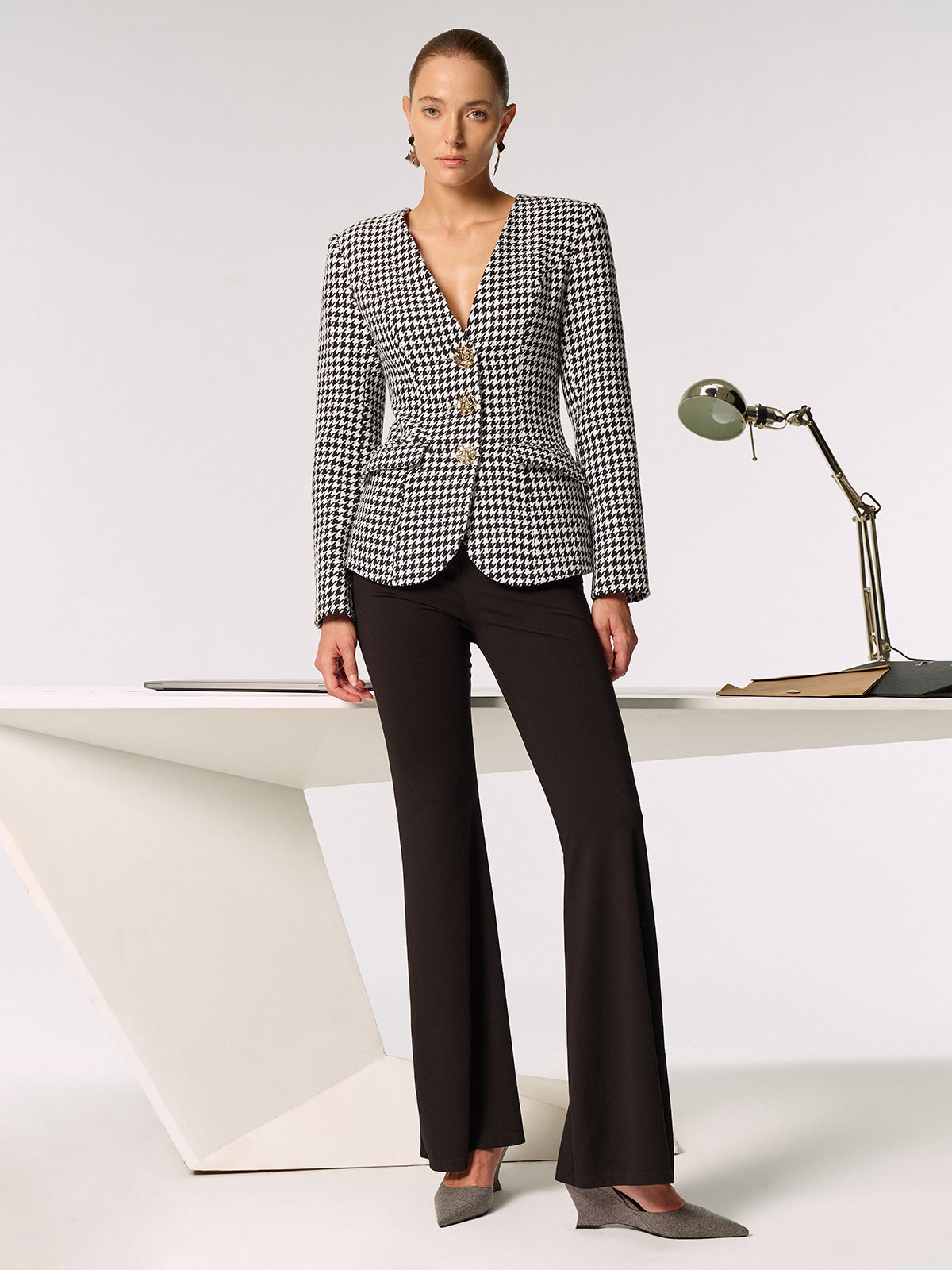 Gümüş Parıltılı Metalik Düğmeli Ekose Desenli Blazer