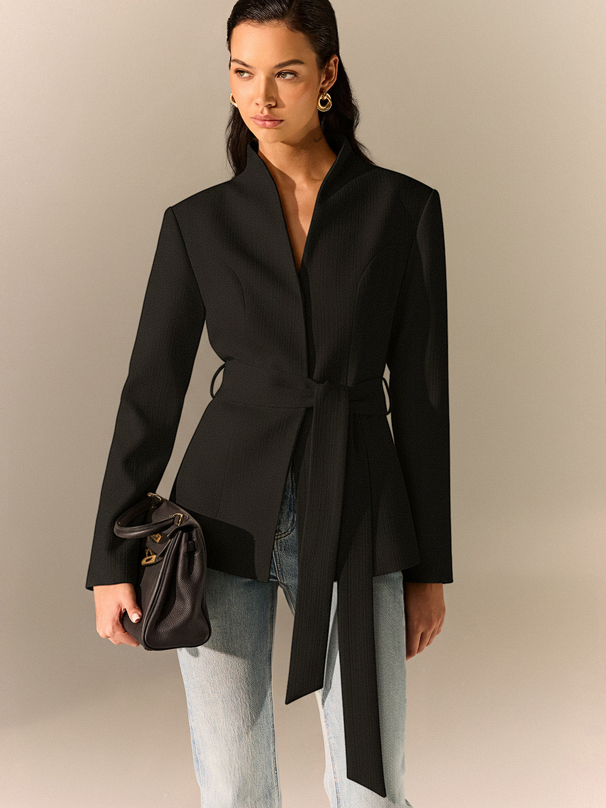 Antrasit Dokulu Şık Stand Yaka Blazer