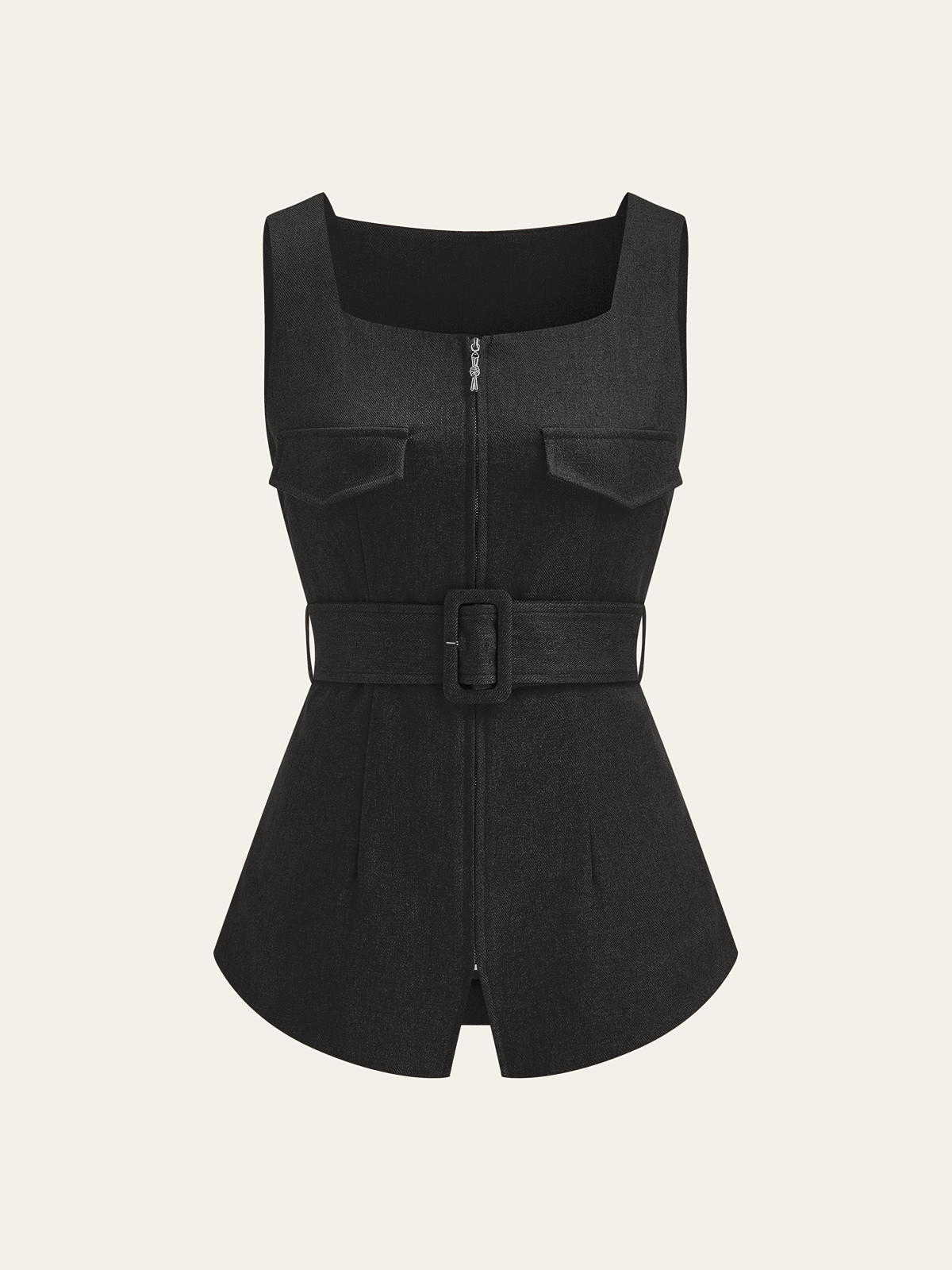 Gri Polyester Fermuarlı Kemerli Kare Premium Yelek