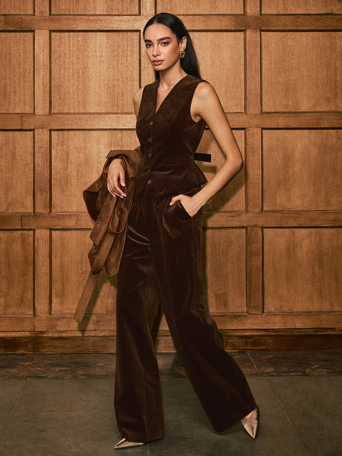 Siyah Korduroy Genişletilmiş Paça Uzun Kullanışlı Pantolon