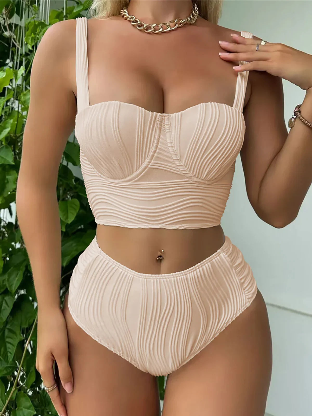 Buruşuk Balenli Yüksek Bel Bikini Takımı Naylon Spandex