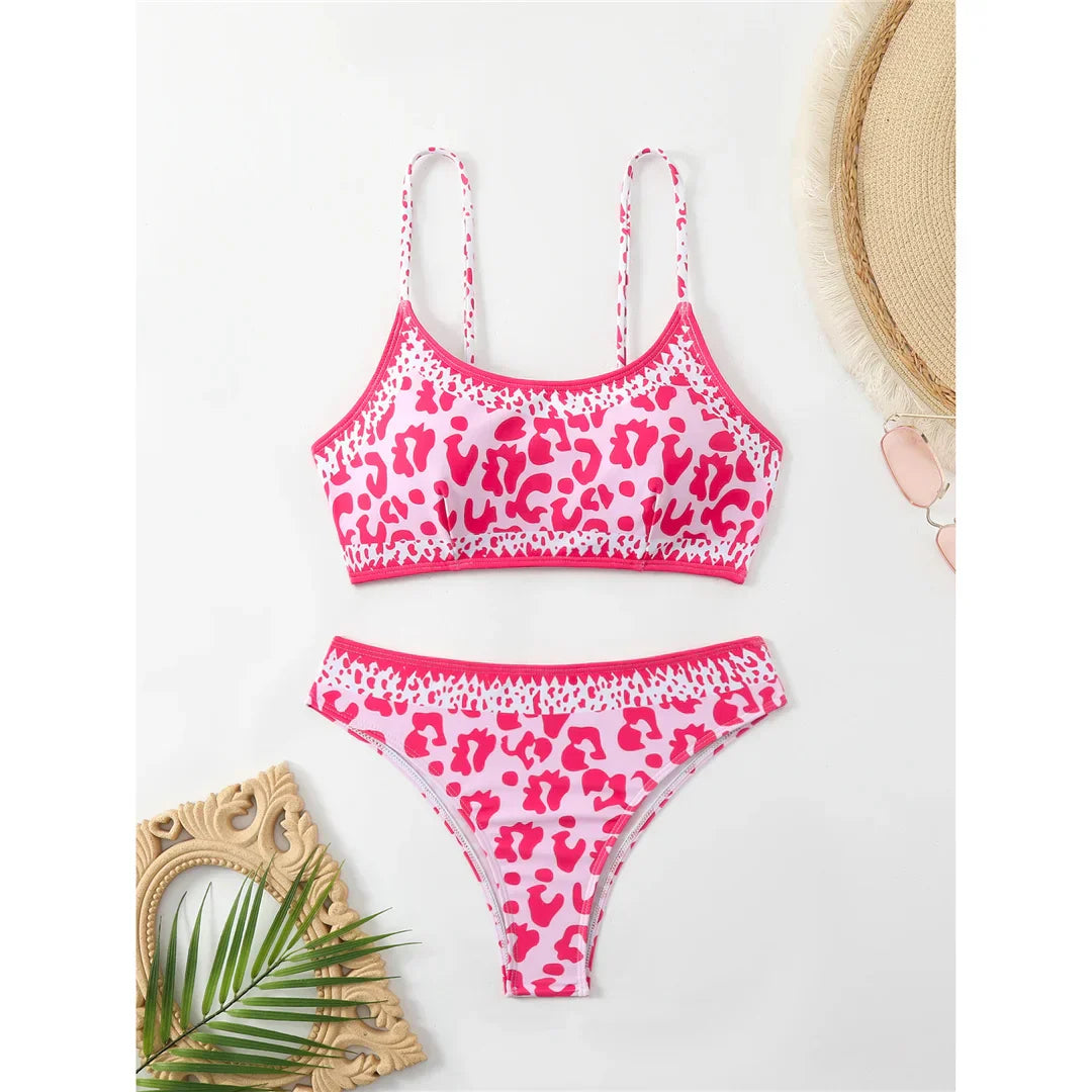 Pembe Leopar Bikini Takımı Naylon Spandex Düşük Bel