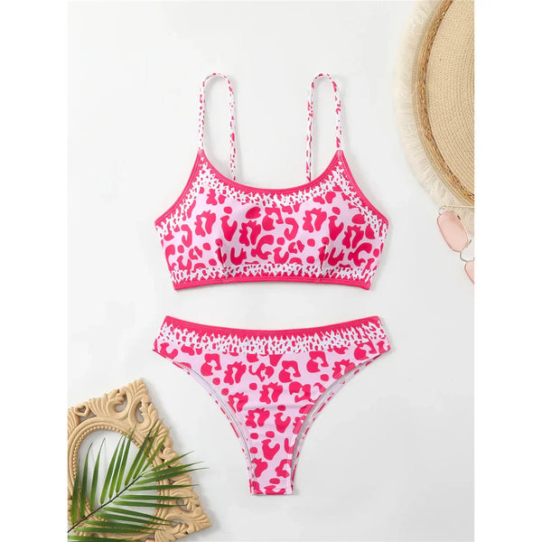 Pembe Leopar Bikini Takımı Naylon Spandex Düşük Bel