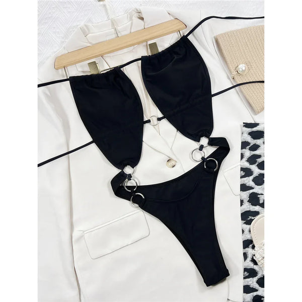 Metal Halkalı Kesik Mayokini Tek Parça Naylon Spandex