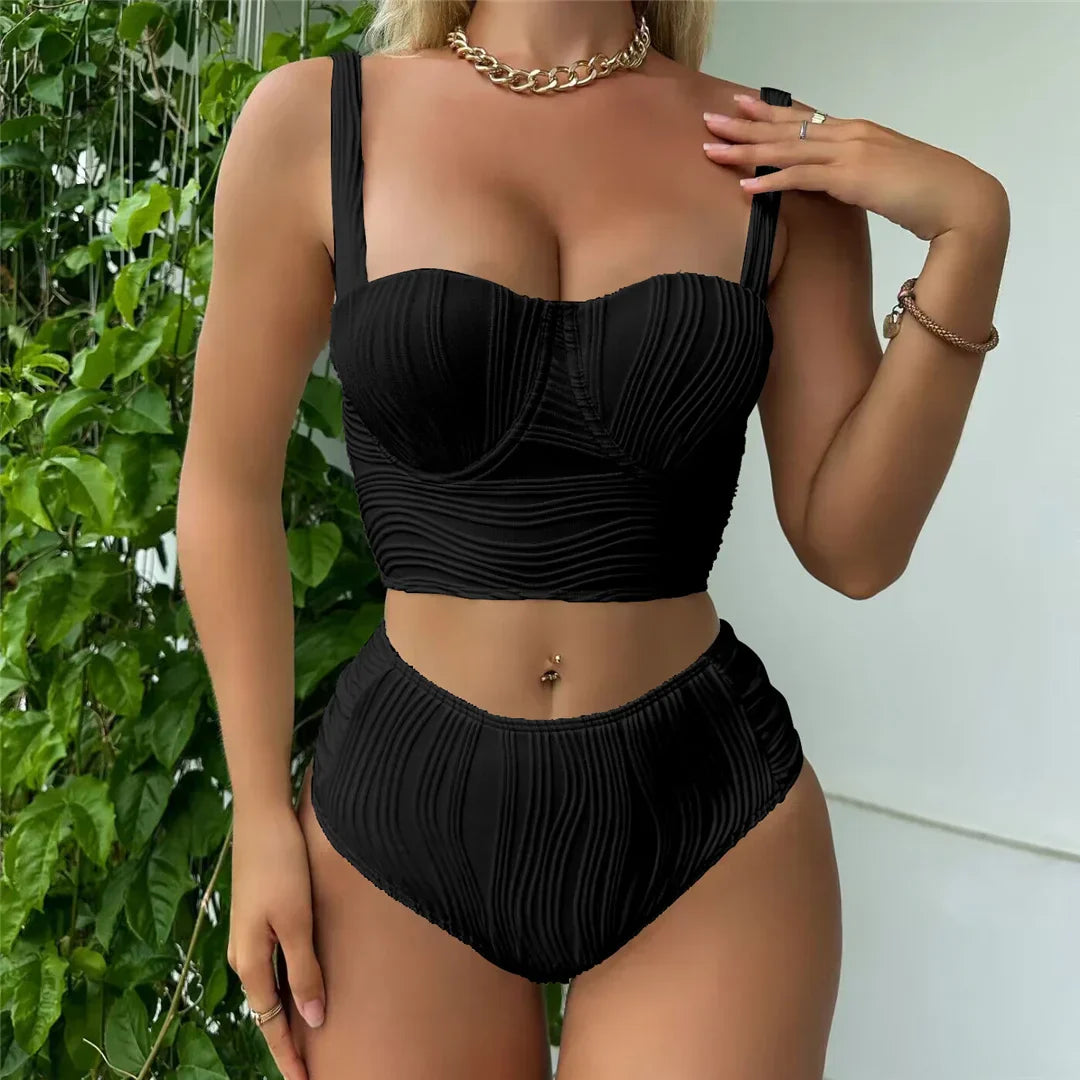 Buruşuk Balenli Yüksek Bel Bikini Takımı Naylon Spandex