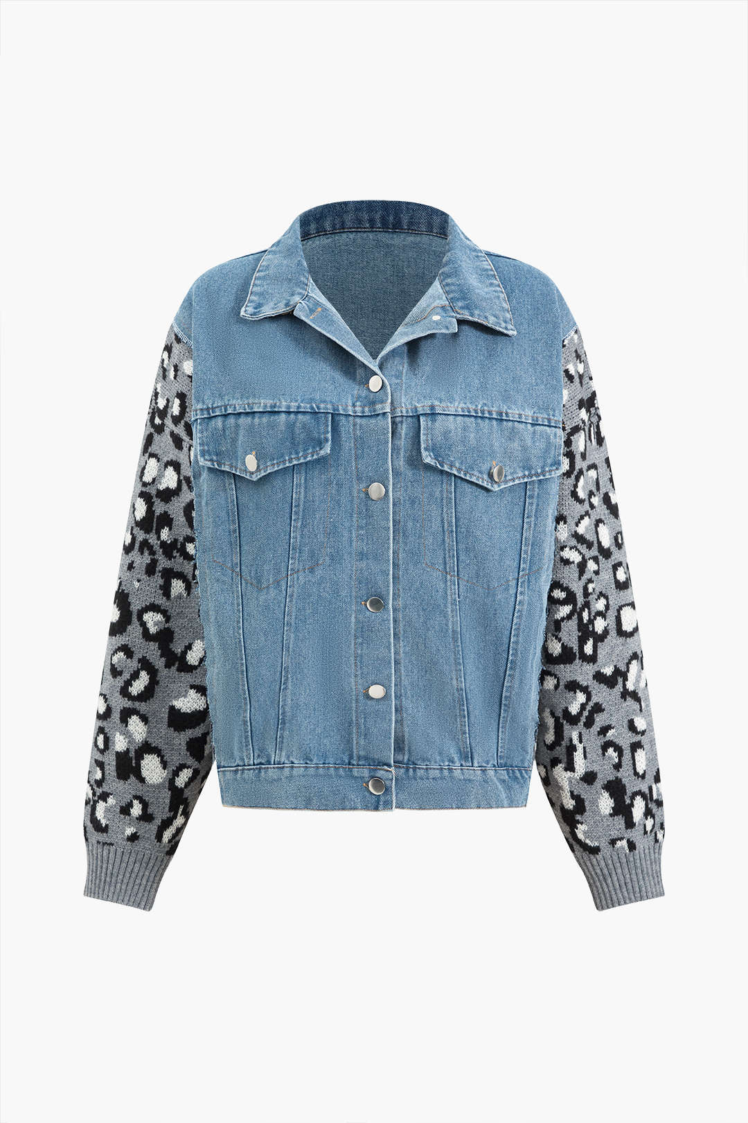 Leopar Desenli Patchwork Denim Kumaş Ayrıntılı Ceket