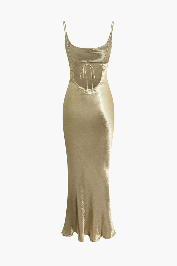 Metallic Sırt Açık Kayık Yaka Balık Elbise
