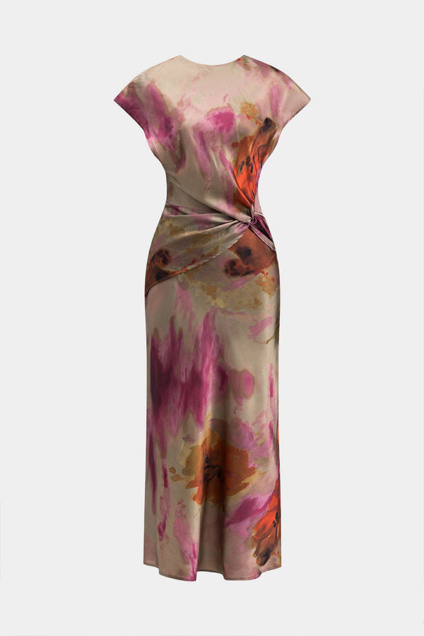 Tie Dye Fırfırlı Kesik Düğme Dönüşüm Knot Midi Elbise