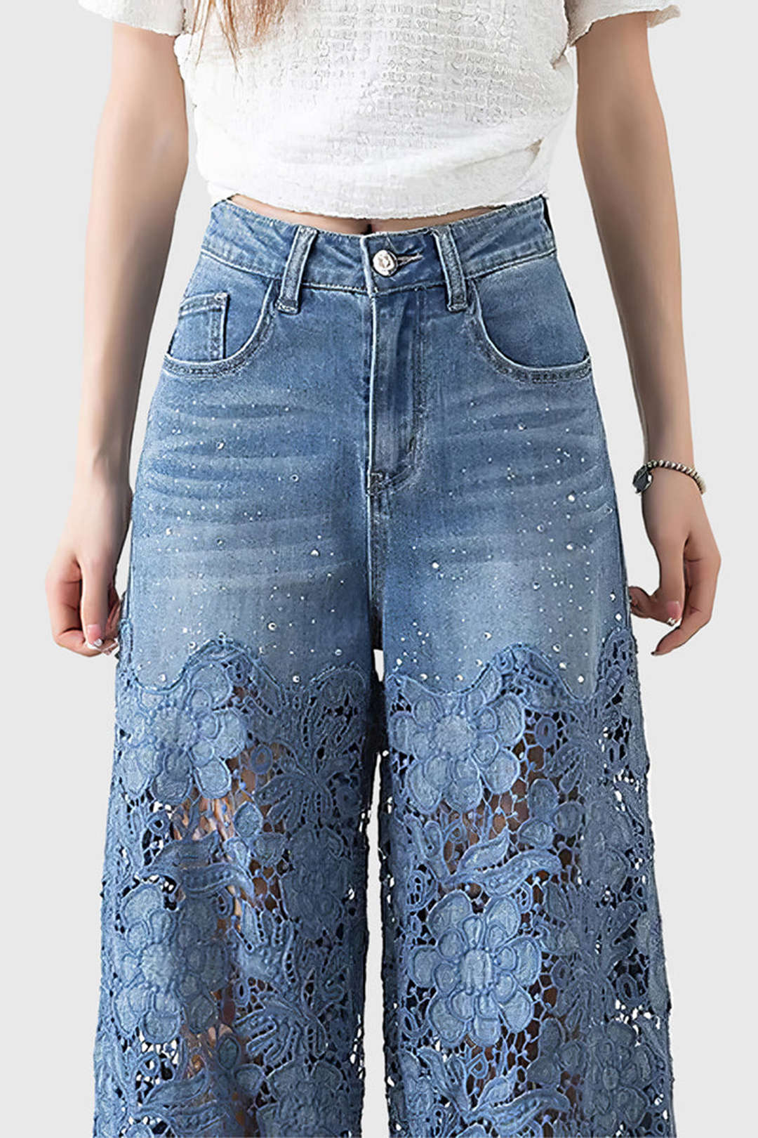 Dantel Kesim Yamalı Geniş Paça Kot Pantolon