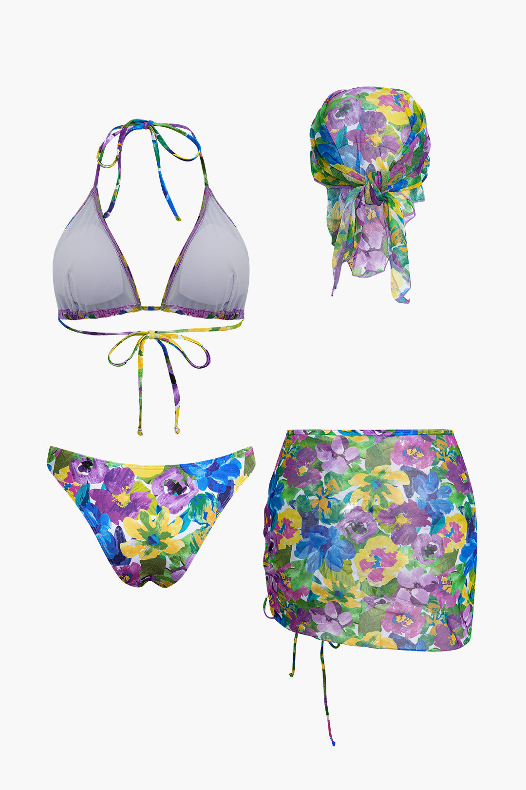 Çiçek Desenli Bikini Takımı Uyumlu Etek Kapak Ve Başörtüsü Ile