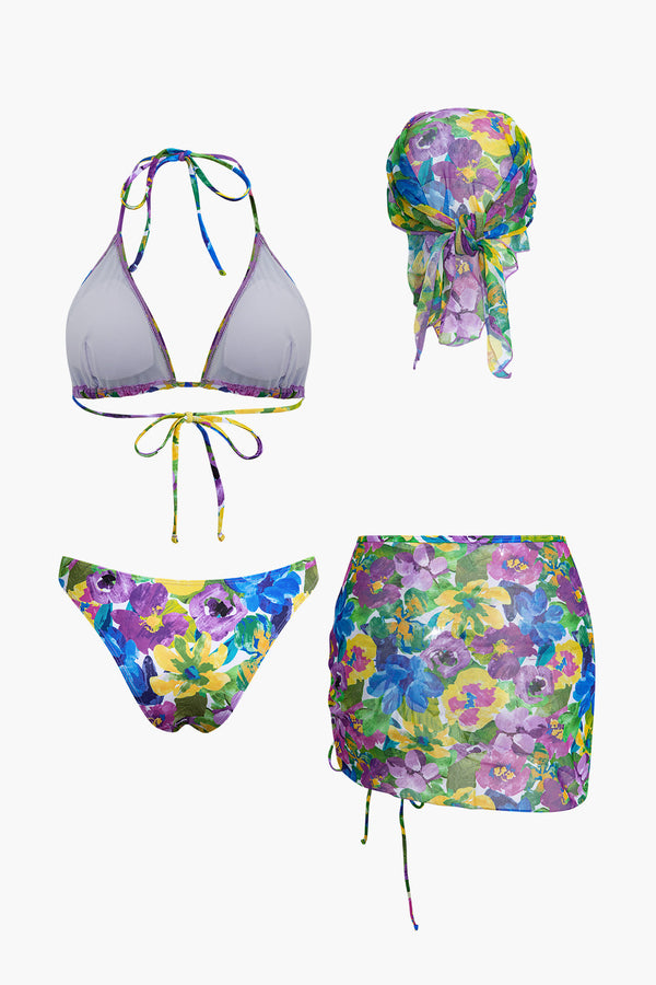 Çiçek Desenli Bikini Seti Eşleşen Etek Kapama ve Baş Örtüsü ile
