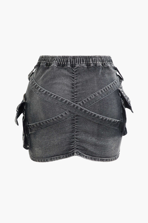 V-Bel Lastik Tokalı Flap Cebli Denim Kargo Etek