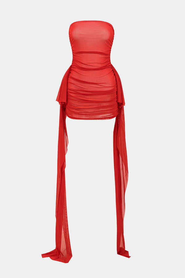 Ağ Mesh Ruched Straplez Mini Elbise