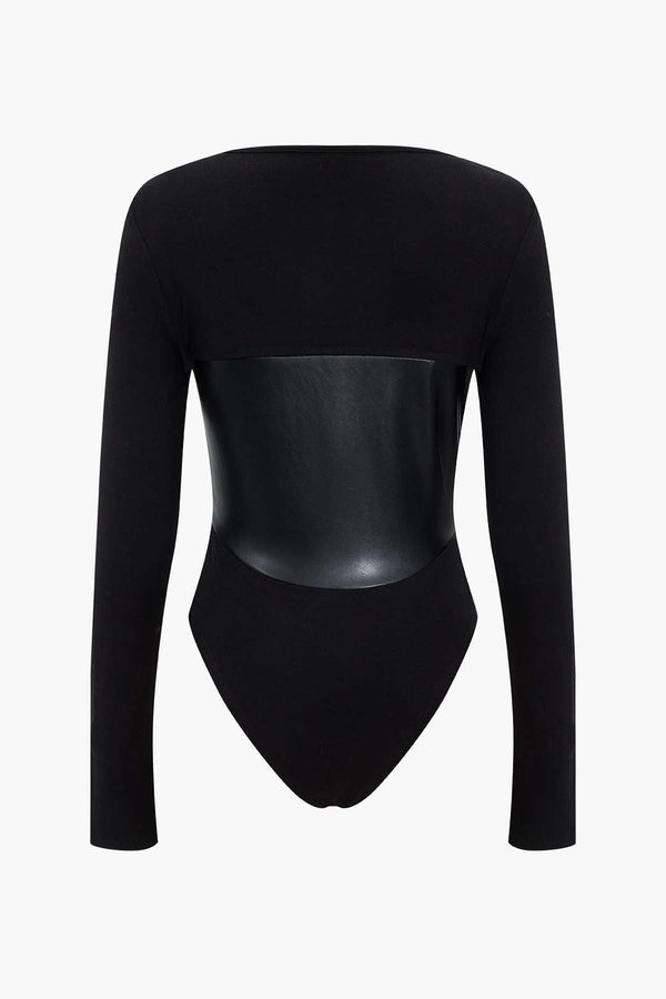 Suni Deri Uzun Kollu Patchwork Bodysuit Şık Tasarım