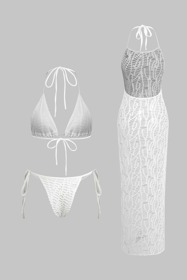 Dokulu Halter Yaka Bikini ve Açık Örgü Plaj Kıyafeti Seti