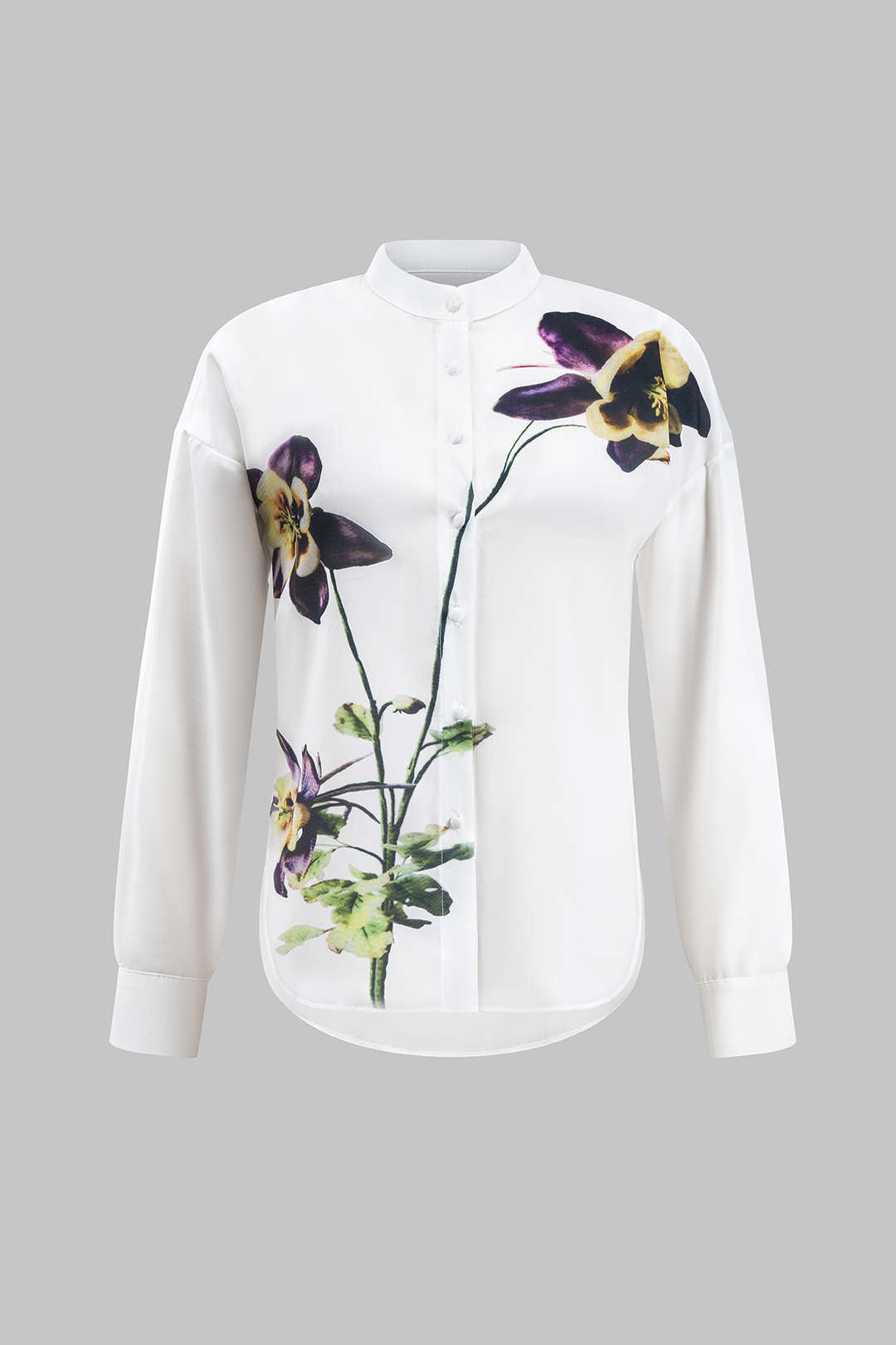Çiçekli Desenli Düğmeli Uzun Kollu Polyester Gömlek