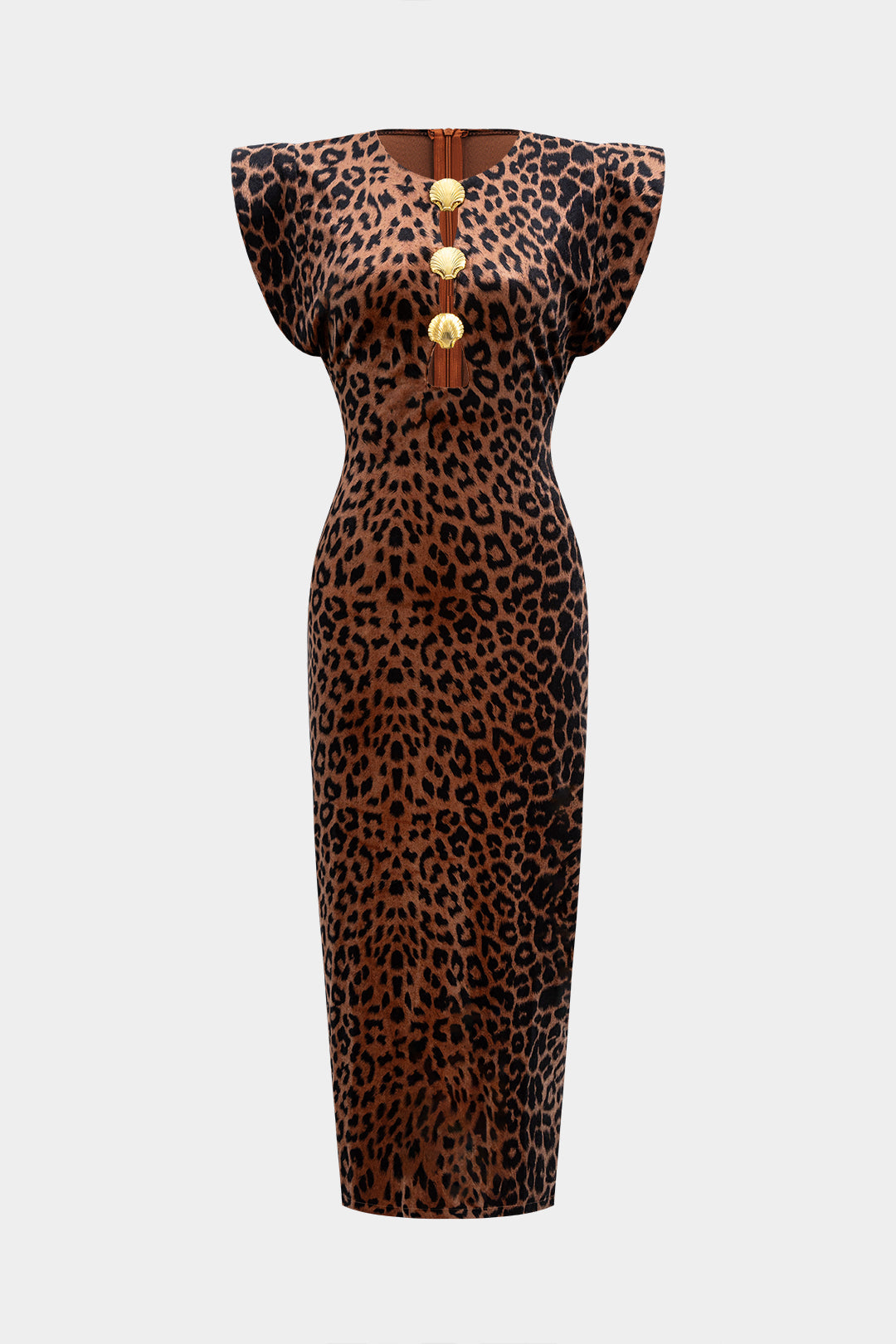 Kahverengi Leopar Desenli Metalik Dekor Uzun Elbise