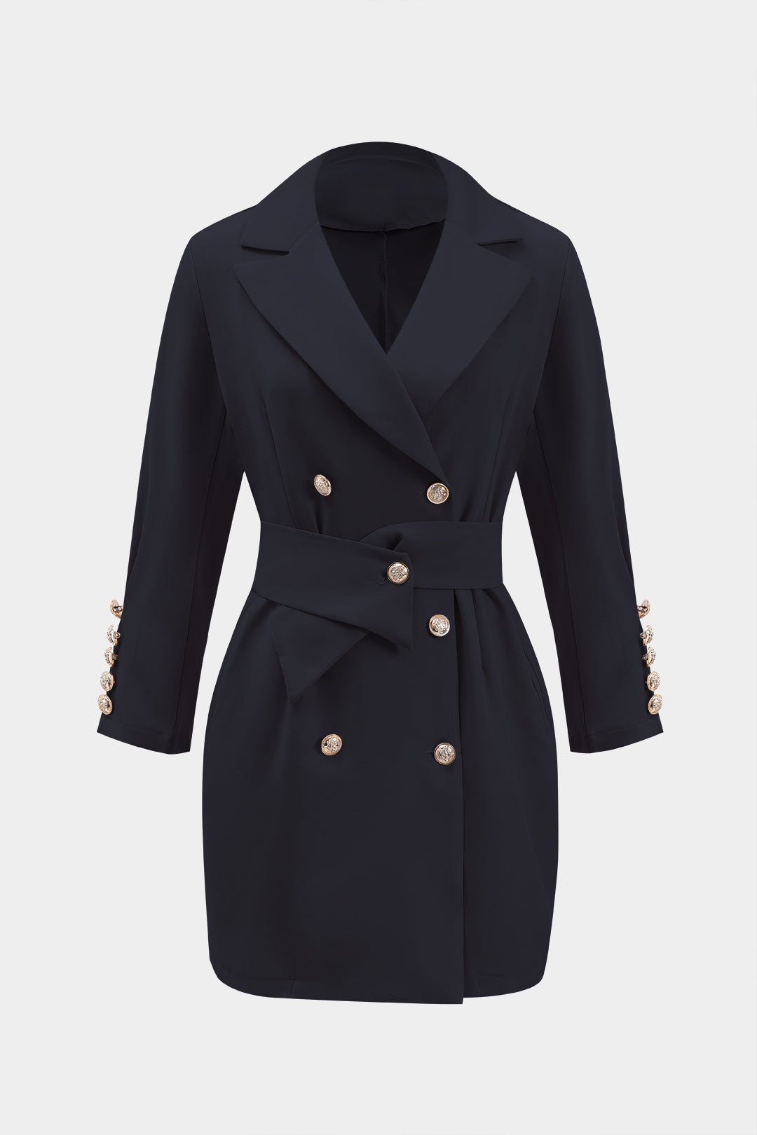 Koyu Siyah Büzgülü Kemerli Düğmeli Polyester Blazer