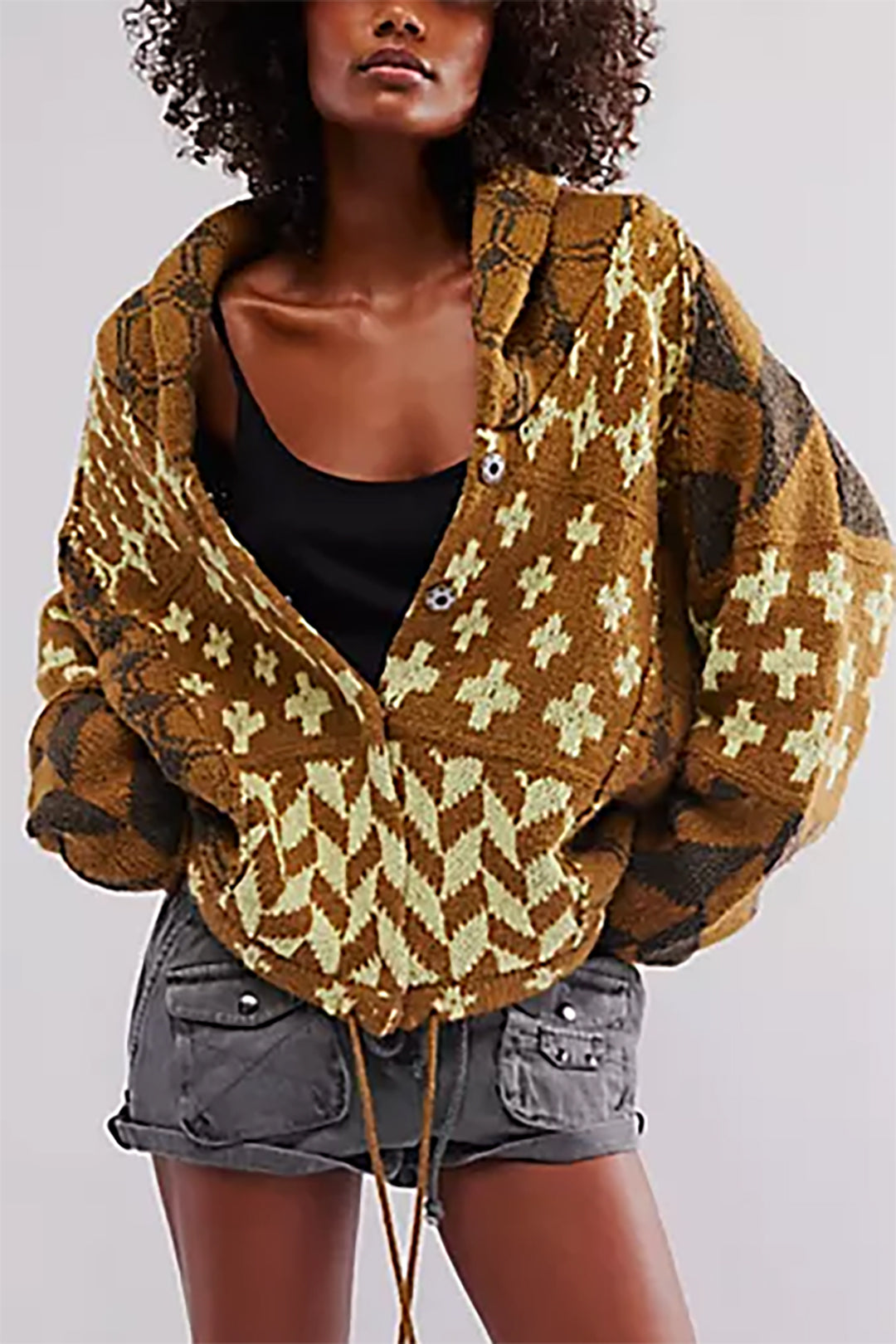 Koyu Kahverengi Nostaljik Desenli Örgü Düğmeli Hırka