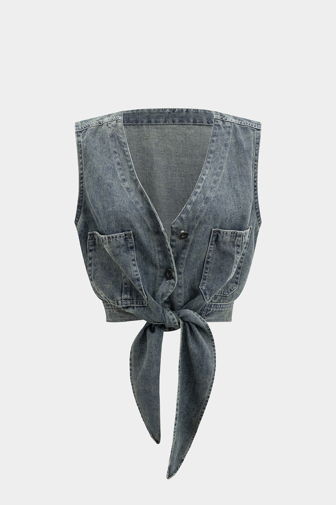 Gece Mavisi Ön Bağlamalı Özelleştirilmiş Denim Yelek