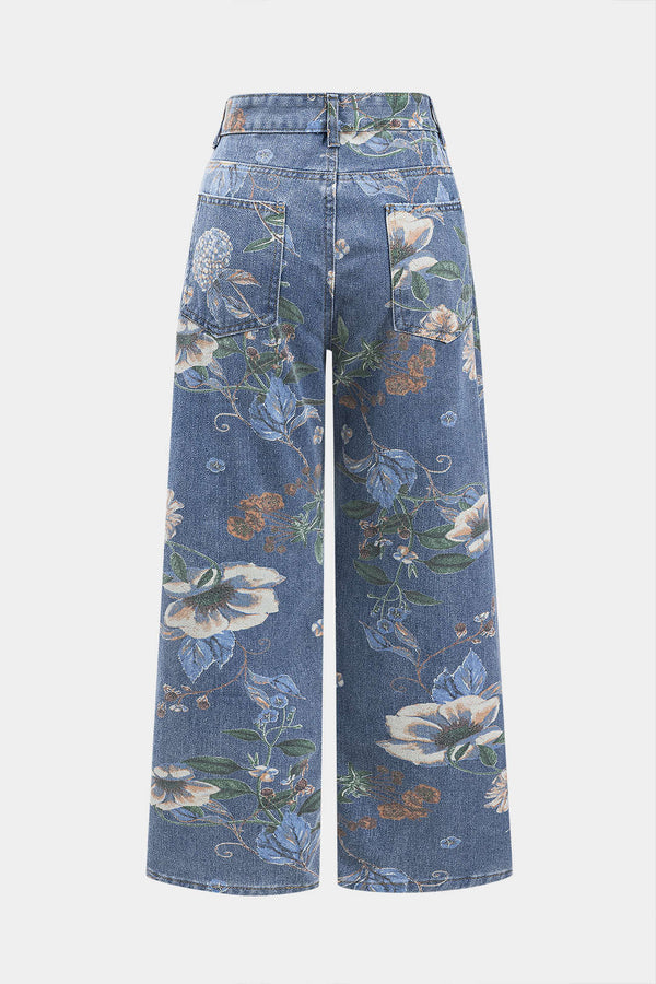Retro Çiçek Desenli Denim Düğmeli Cep Geniş Paça Jean