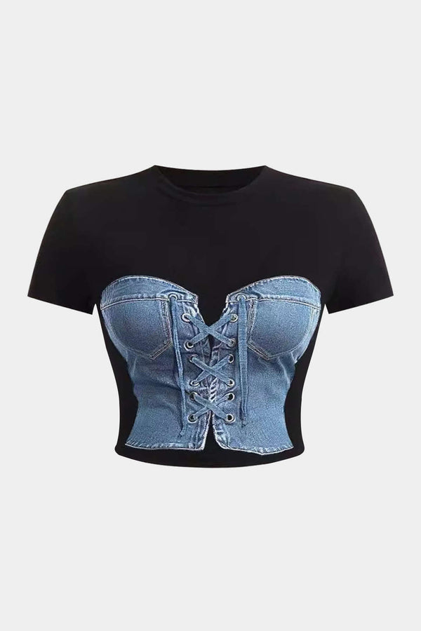 Baskılı Denim Kısa Kollu Tişört