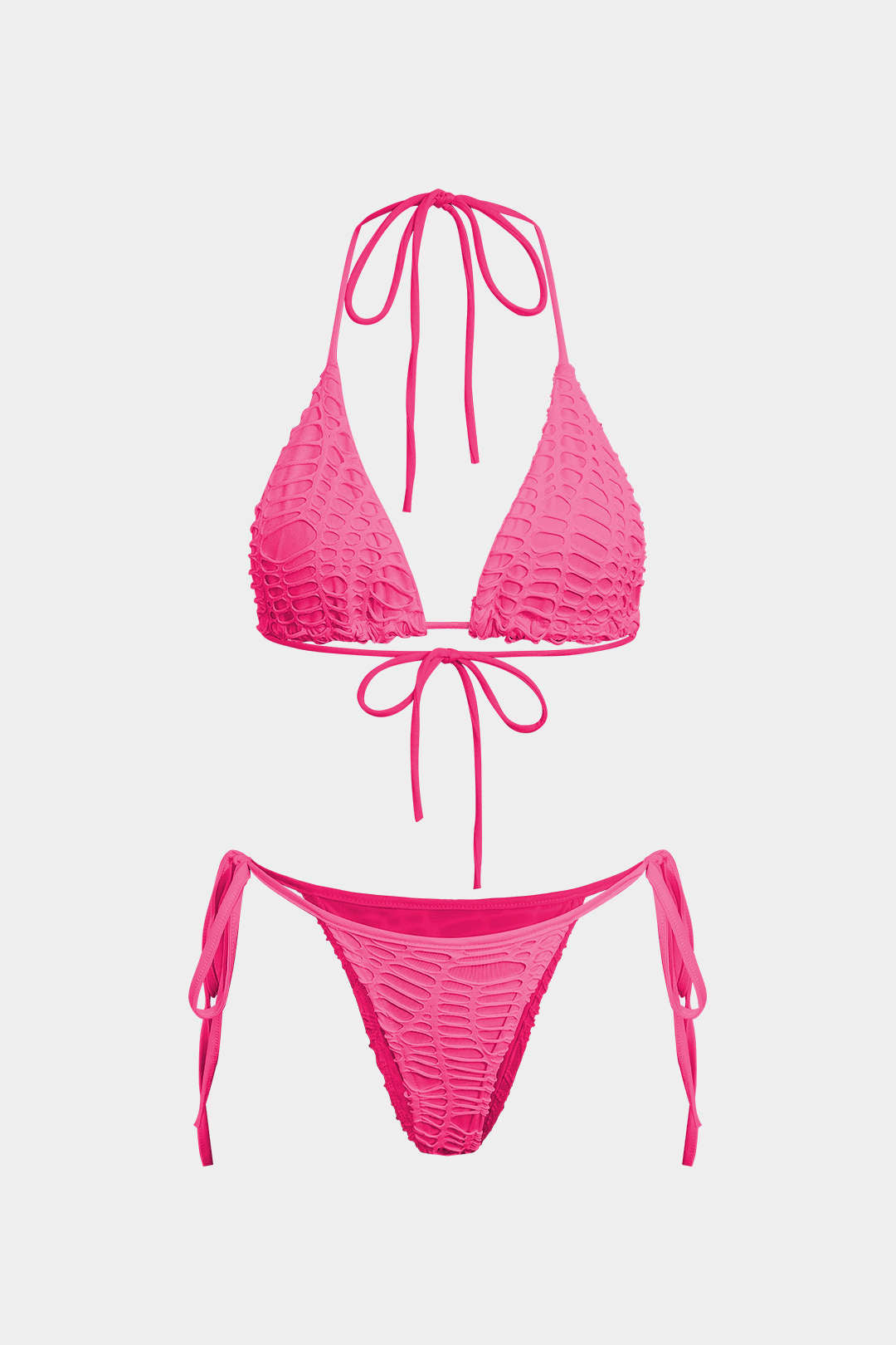 Dokulu Halter Yaka Bikini ve Açık Örgü Plaj Kıyafeti Seti