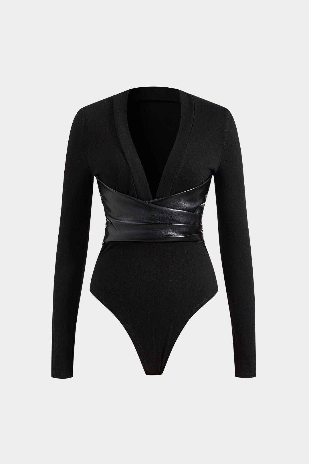 Deri Görünümündeki Kesişen V Yaka Uzun Kollu Bodysuit
