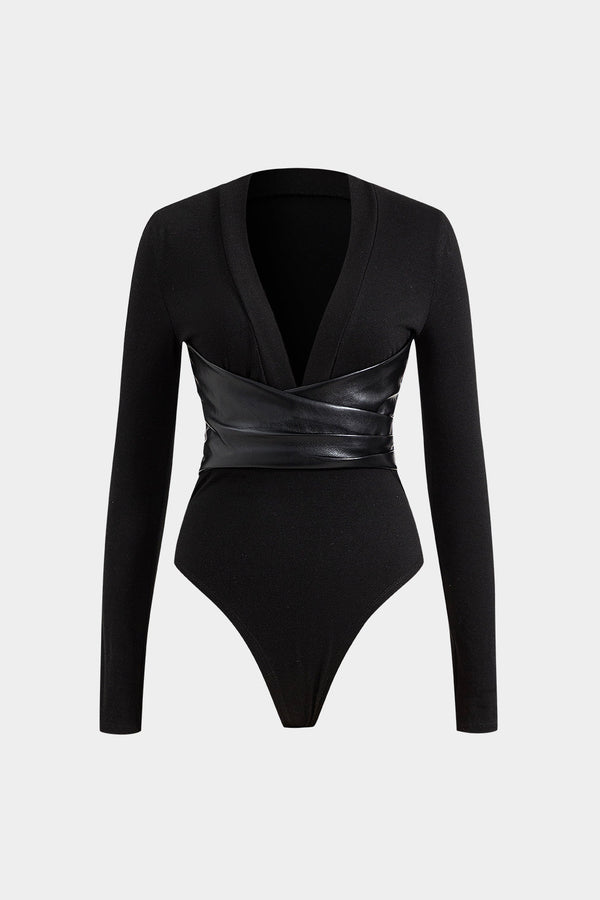 Deri Görünümündeki Kesişen V Yaka Uzun Kollu Bodysuit