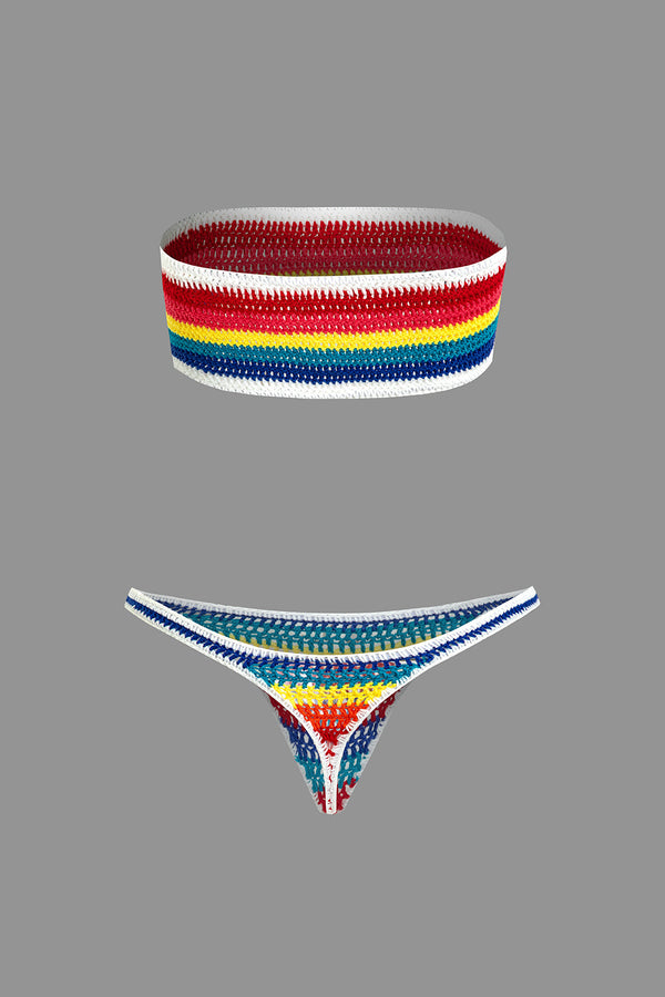 Gökkuşağı Çizgili Kroşe Bikini Seti