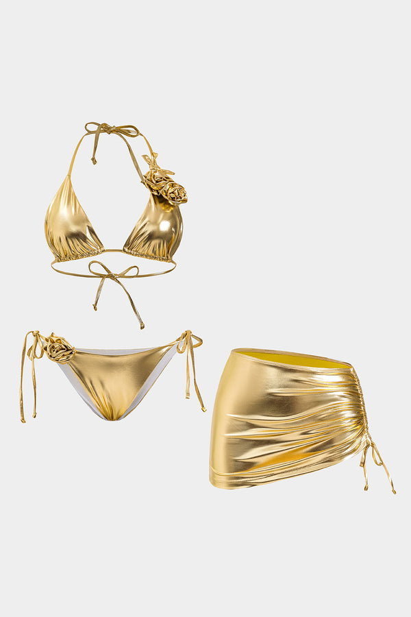 3D Çiçek Desenli Kırışık Bağcıklı Bikini ve Etek Seti