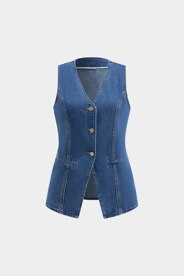Denim Düğmeli Cepli Kemerli Atlet Üst ve Şort Takımı