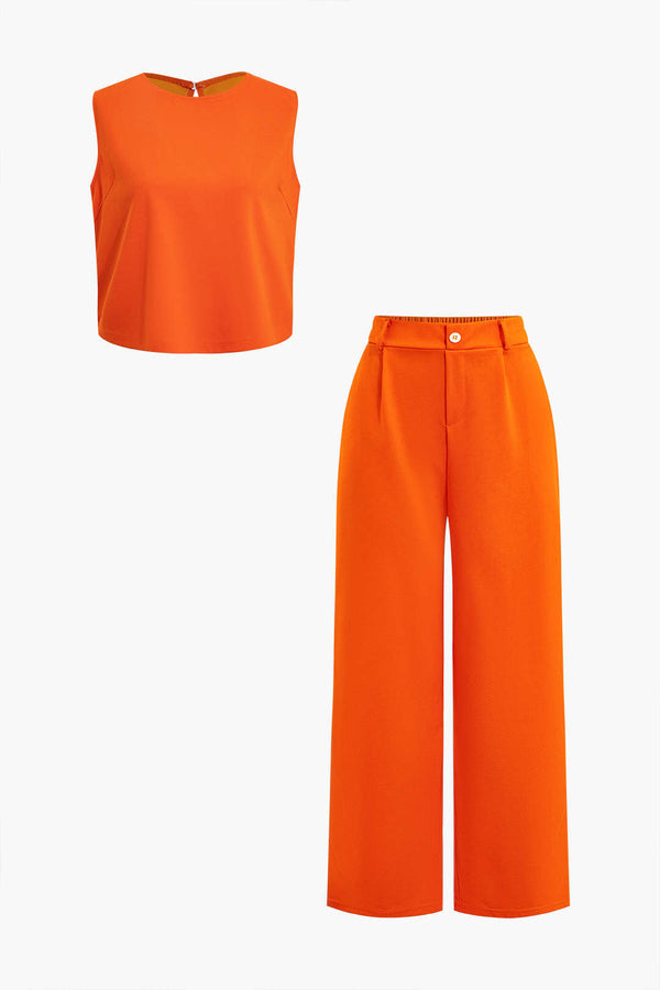 Basic Düz Kolsuz Bluz ve Düz Paça Pantolon Takımı