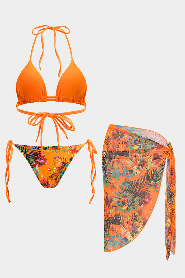 Çiçek Desenli Baskılı Ağ Mesh Kırışık Bağlama Sırt Açık Bikini ve Bağlama Detaylı Üst Set