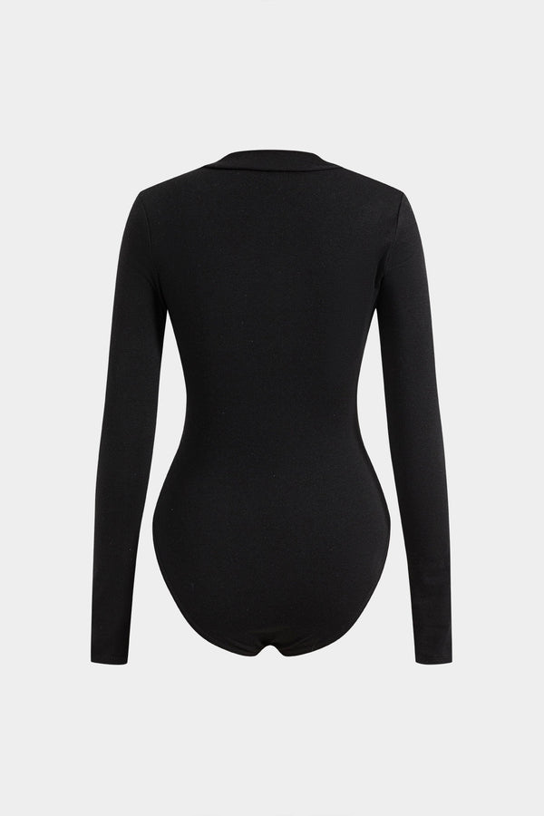 Deri Görünümündeki Kesişen V Yaka Uzun Kollu Bodysuit