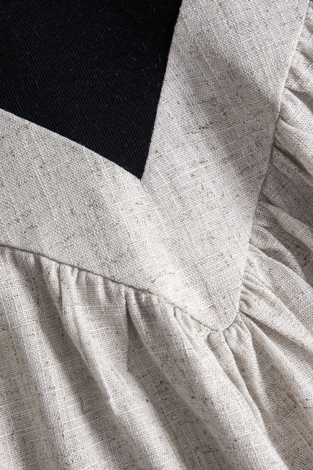 Karamel Keten Patchwork Dokulu Büzgülü Kolsuz Elbise
