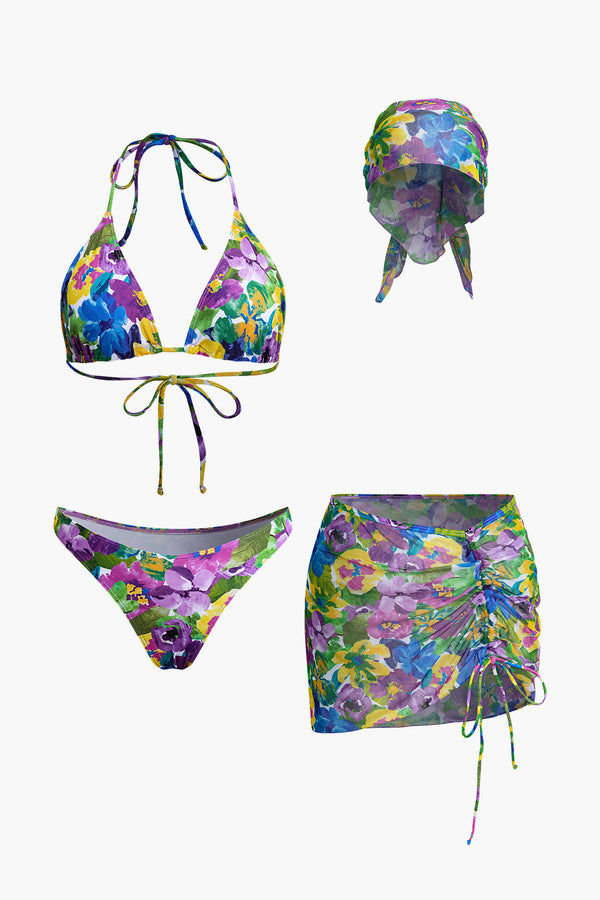Çiçek Desenli Bikini Seti Eşleşen Etek Kapama ve Baş Örtüsü ile