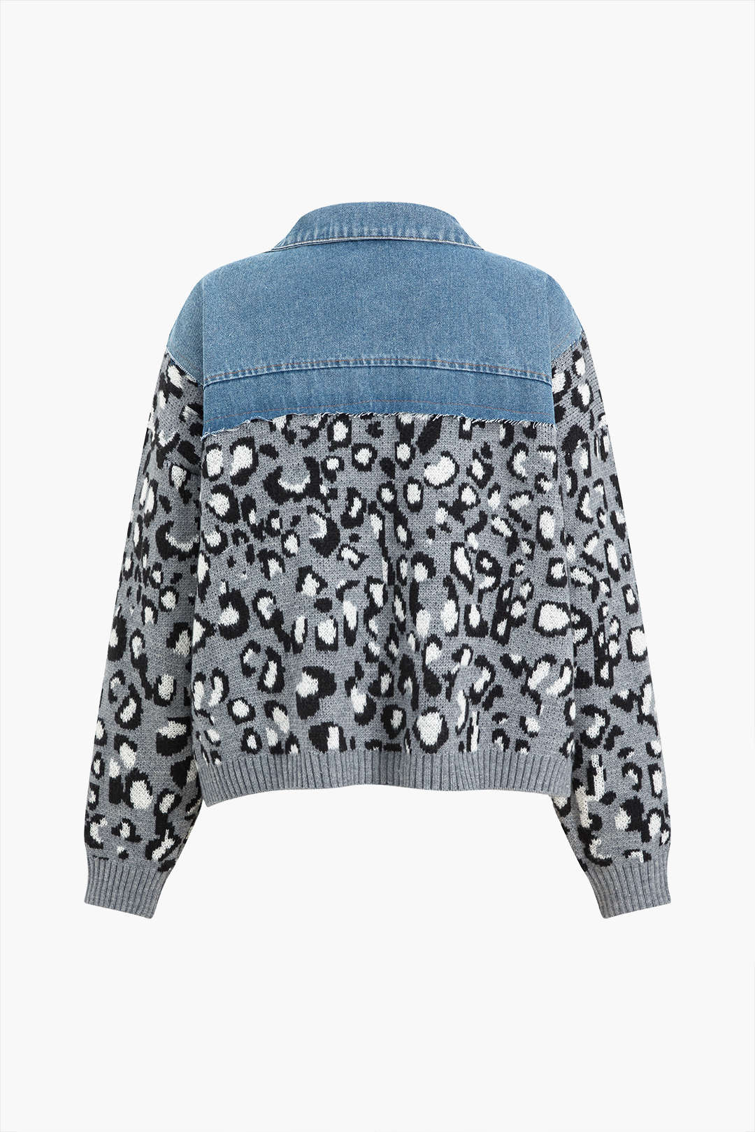 Leopar Desenli Patchwork Denim Kumaş Ayrıntılı Ceket