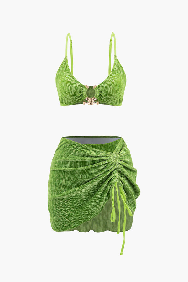 Kadife Dokulu U Halka Bikini ve Pareo 3 Parça Set