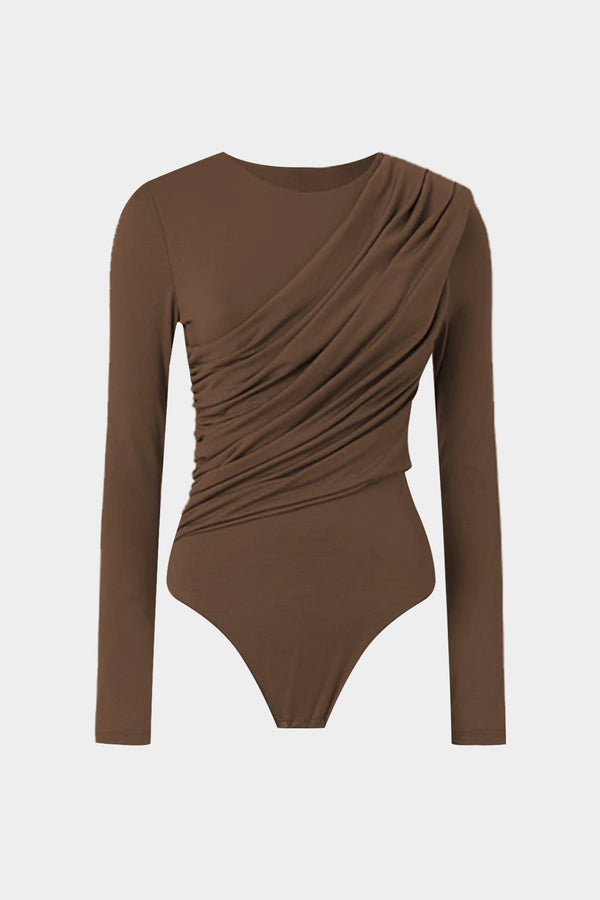 Büzgülü Kıvrımlı Yuvarlak Yaka Uzun Kollu Bodysuit