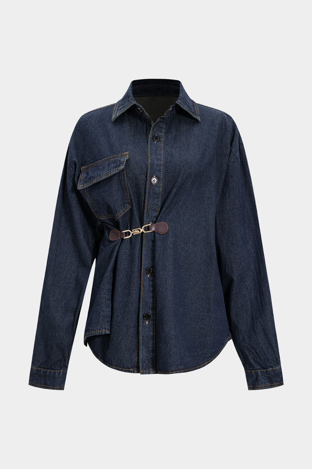 ÇokKoyu Lacivert Denim Asimetrik Gümüş Tokalı Kaban