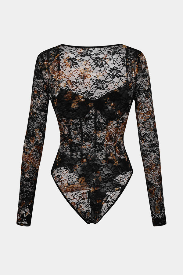Şeffaf Dantel Korse Uzun Kollu Kadın İç Giyim Bodysuit
