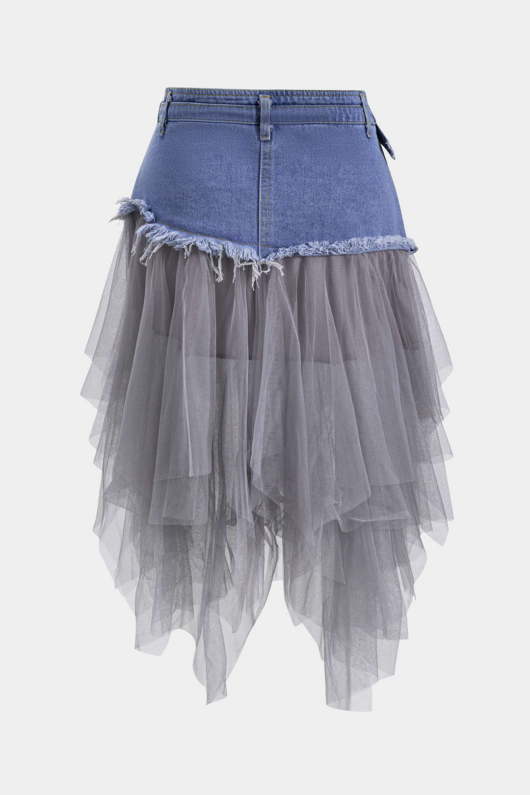 Denim Ağ Mesh Patchwork Kemerli Düğmeli Cepli Etek