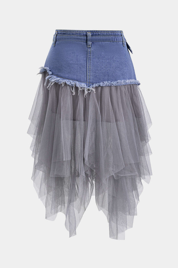 Denim Ağ Mesh Patchwork Kemerli Düğmeli Cepli Etek