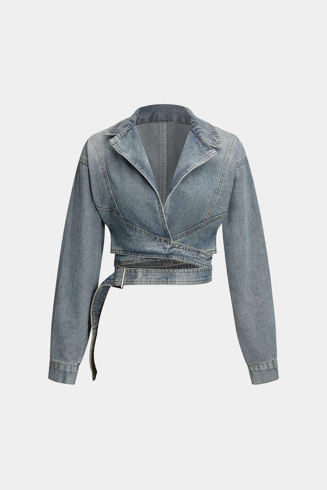 Mavi Kruvaze Bağcıklı Önden Düğme Detaylı Denim Ceket