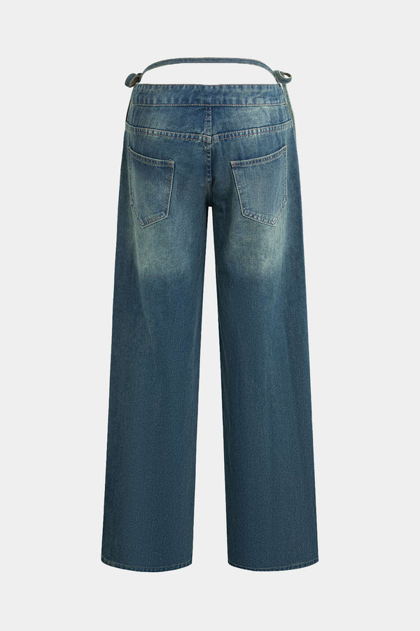 Denim Kesik Yıpranmış Bağlama Jeans