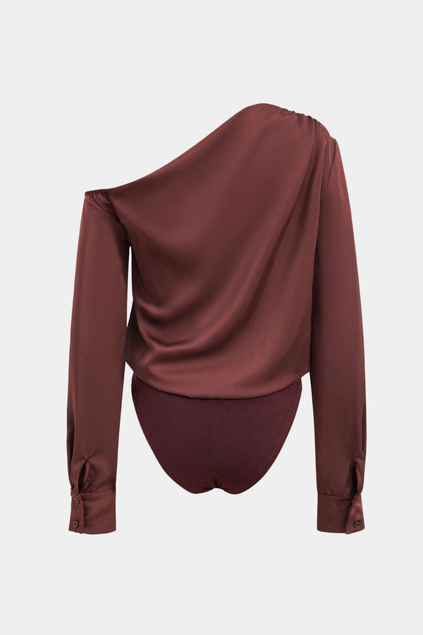 Saten Asimetrik Uzun Kollu Büzgülü Şık Bodysuit Şıklığı