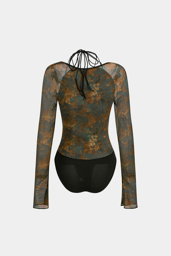 Retro Renk Blok Baskılı Korse Slip Arkadan Bağlı Bodysuit