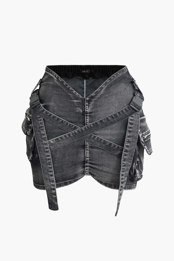 V-Bel Lastik Tokalı Flap Cebli Denim Kargo Etek
